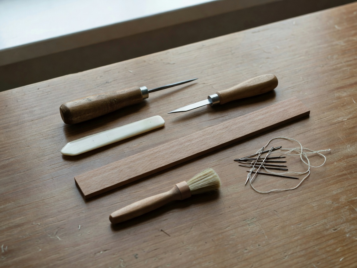 Beginner bookbinding tools including bone folder, awl, knife, ruler, brush and needles