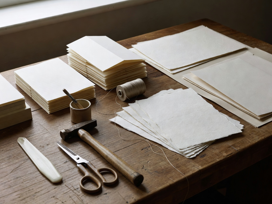 Bookbinding tools, folded sections and paper sheets arranged on a work bench