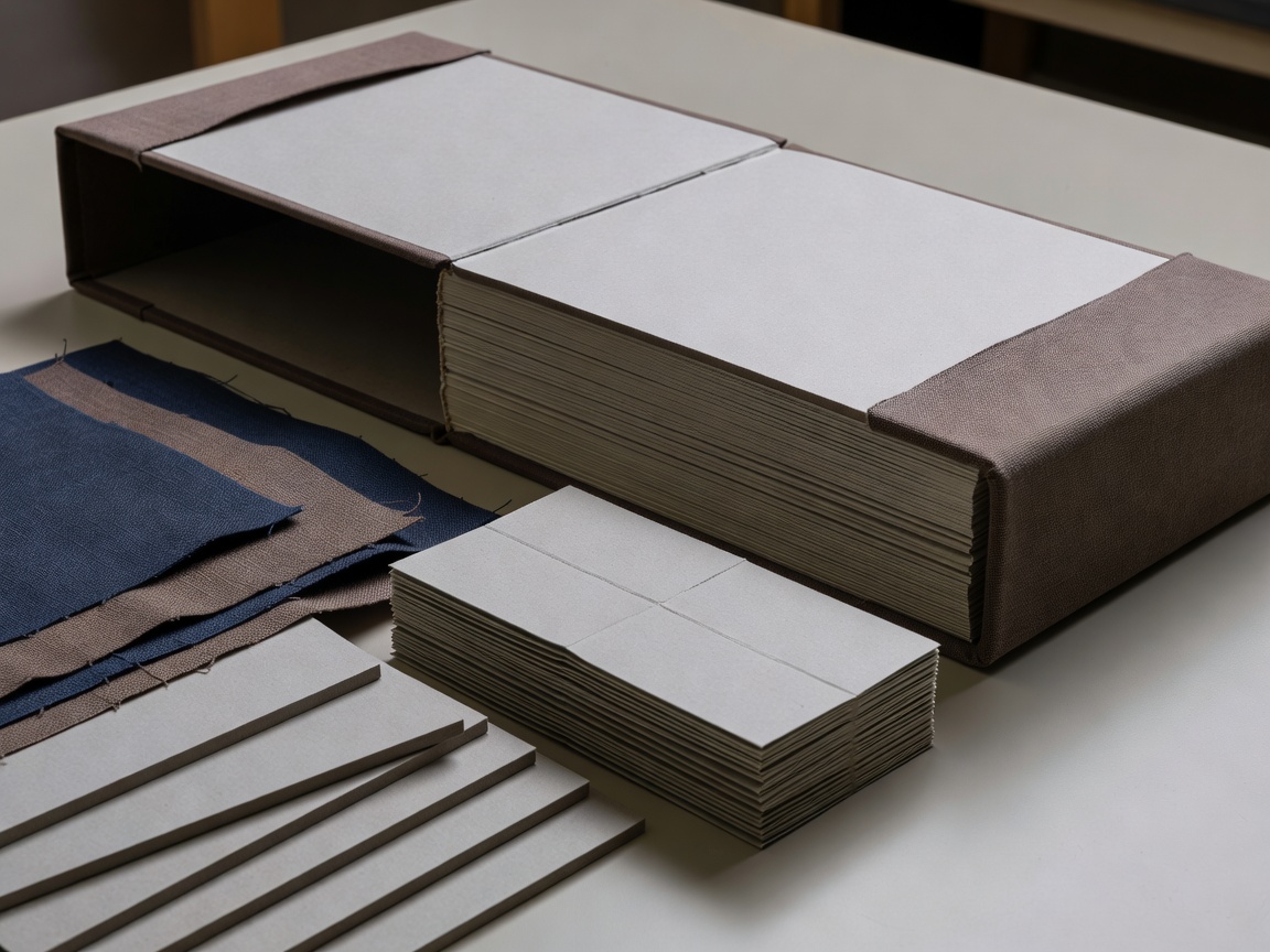 Case binding materials with boards, cloth, folded sections and a text block