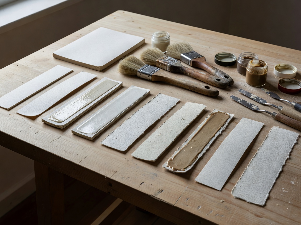 Paper grain test strips with brushes and bookbinding adhesives on a work surface